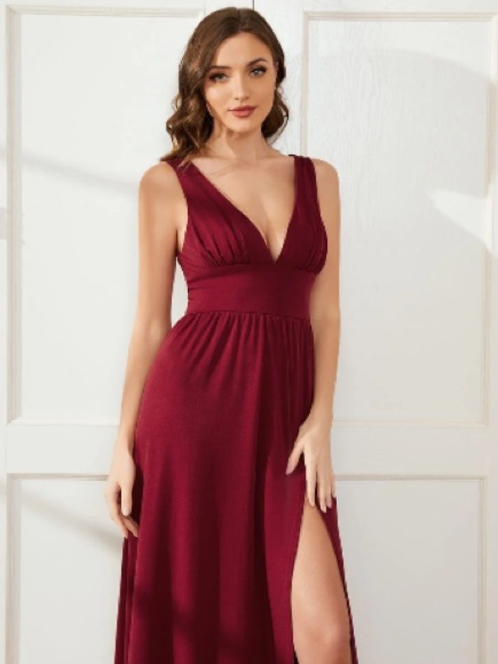 Ever Pretty Burgundy Plunging V-Neck Maxi Dress with Side Slit